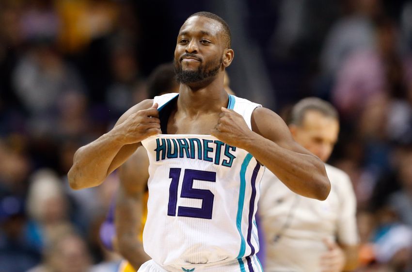 Dec 20, 2016; Charlotte, NC, USA; Charlotte Hornets guard Kemba Walker (15) reacts to a foul call in the second half against the Los Angeles Lakers at Spectrum Center. The Hornets defeated the Lakers 117-113. Mandatory Credit: Jeremy Brevard-USA TODAY Sports