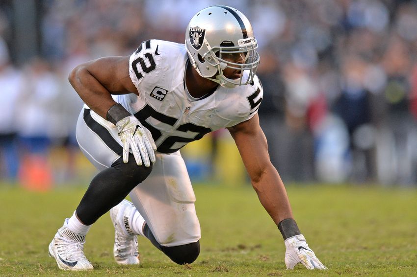 Dec 18, 2016; San Diego, CA, USA; Oakland Raiders defensive end Khalil Mack (52) on defense during the fourth quarter against the San Diego Chargers at Qualcomm Stadium. Mandatory Credit: Jake Roth-USA TODAY Sports