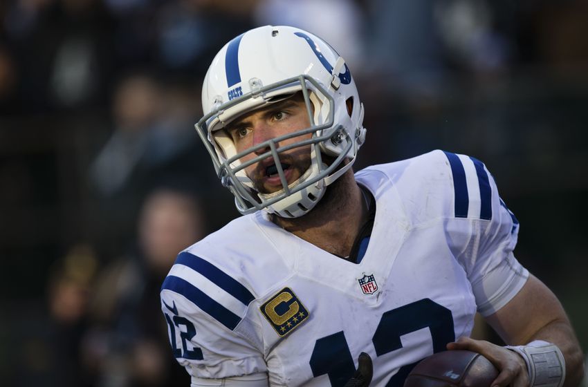 Dec 24, 2016; Oakland, CA, USA; Indianapolis Colts quarterback Andrew Luck (12) after scoring a touchdown against the Oakland Raiders during the fourth quarter at the Oakland Coliseum. The Oakland Raiders defeated the Indianapolis Colts 33-25. Mandatory Credit: Kelley L Cox-USA TODAY Sports