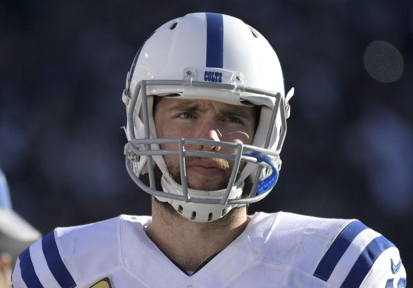 Dec 24, 2016; Oakland, CA, USA; Indianapolis Colts quarterback Andrew Luck (12) reacts during a NFL football game against the Oakland Raiders at Oakland-Alameda County Coliseum. The Raiders defeated the Colts 33-25. Mandatory Credit: Kirby Lee-USA TODAY Sports