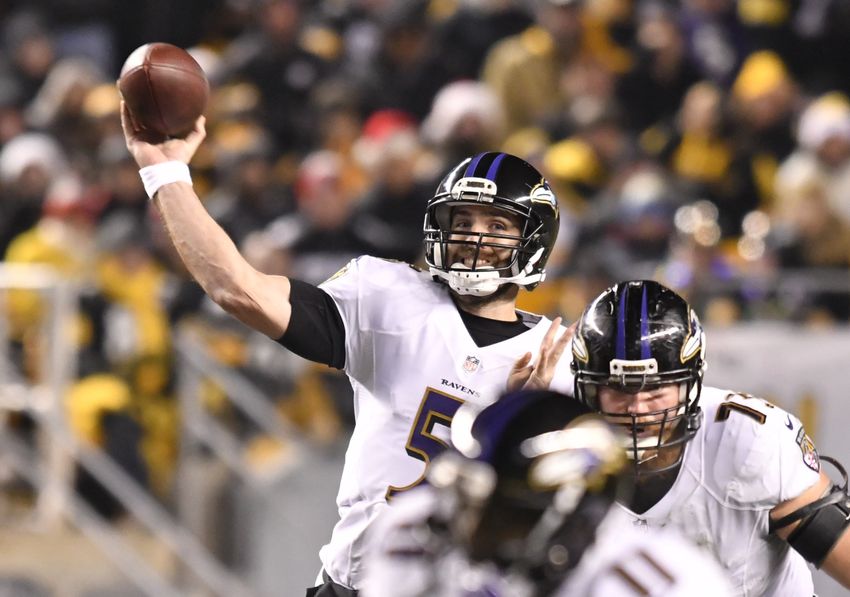 Dec 25, 2016; Pittsburgh, PA, USA; Baltimore Ravens quarterback Joe Flacco (5) throws a pass from the pocket during the fourth quarter of a game against the Pittsburgh Steelers at Heinz Field. Pittsburgh won the game 31-27. Mandatory Credit: Mark Konezny-USA TODAY Sports
