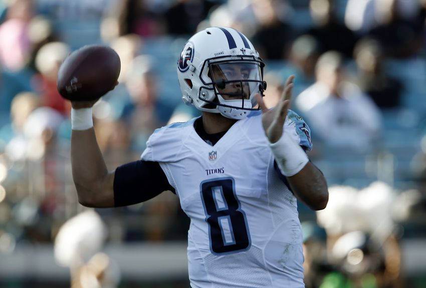 Dec 24, 2016; Jacksonville, FL, USA; Tennessee Titans quarterback Marcus Mariota (8) throws a pass during the third quarter of an NFL Football game against the Jacksonville Jaguars at EverBank Field. Mandatory Credit: Reinhold Matay-USA TODAY Sports