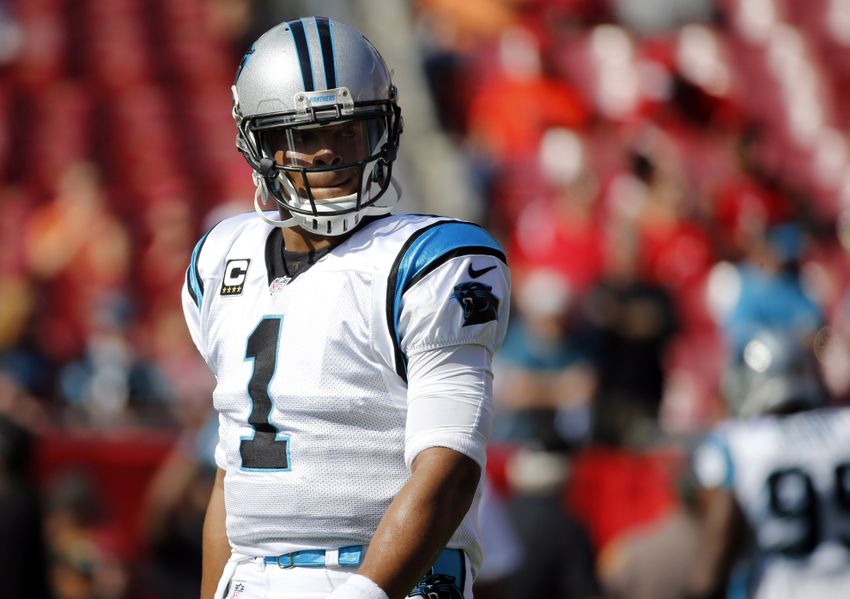 Jan 1, 2017; Tampa, FL, USA; Carolina Panthers quarterback Cam Newton (1) works out prior to the game at Raymond James Stadium. Mandatory Credit: Kim Klement-USA TODAY Sports