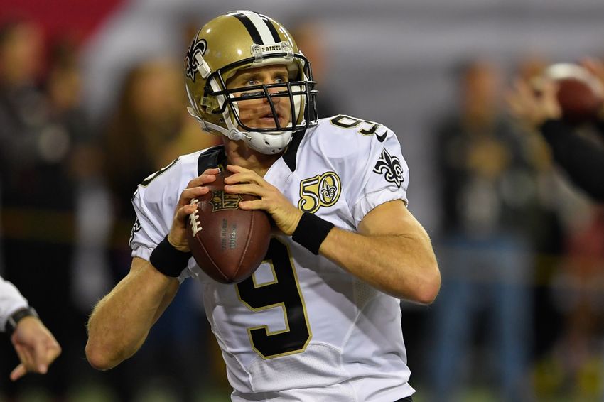 Jan 1, 2017; Atlanta, GA, USA; New Orleans Saints quarterback Drew Brees (9) warms up on the field prior to the game against the Atlanta Falcons at the Georgia Dome. Mandatory Credit: Dale Zanine-USA TODAY Sports