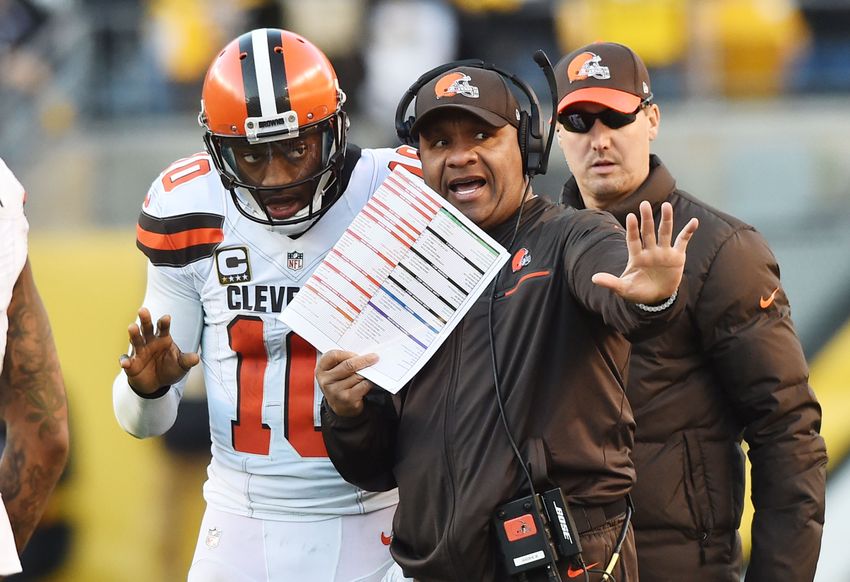 Jan 1, 2017; Pittsburgh, PA, USA; Cleveland Browns head coach Hue Jackson talks with quarterback Robert Griffin III (10) during the second half against the Pittsburgh Steelers at Heinz Field. The Steelers won 27-24 in overtime. Mandatory Credit: Ken Blaze-USA TODAY Sports