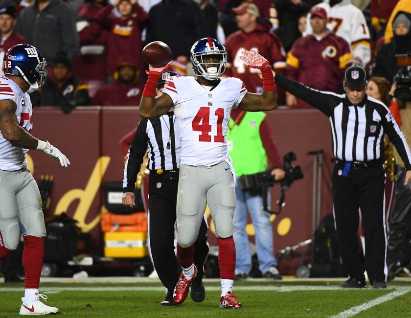 Jan 1, 2017; Landover, MD, USA; New York Giants cornerback Dominique Rodgers-Cromartie (41) celebrates after intercepting a pass against the Washington Redskins during the second half at FedEx Field. Mandatory Credit: Brad Mills-USA TODAY Sports