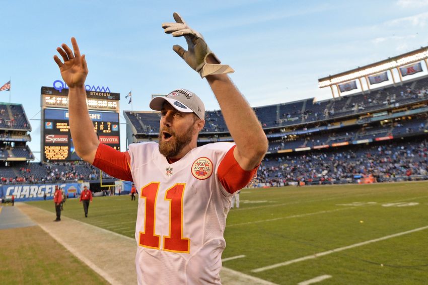 Jan 1, 2017; San Diego, CA, USA; Kansas City Chiefs quarterback Alex Smith (11) celebrates after a 37-27 win over the San Diego Chargers at Qualcomm Stadium. Mandatory Credit: Jake Roth-USA TODAY Sports