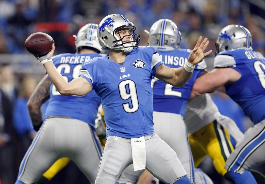Jan 1, 2017; Detroit, MI, USA; Detroit Lions quarterback Matthew Stafford (9) throws the ball during the first quarter against the Green Bay Packers at Ford Field. Mandatory Credit: Raj Mehta-USA TODAY Sports