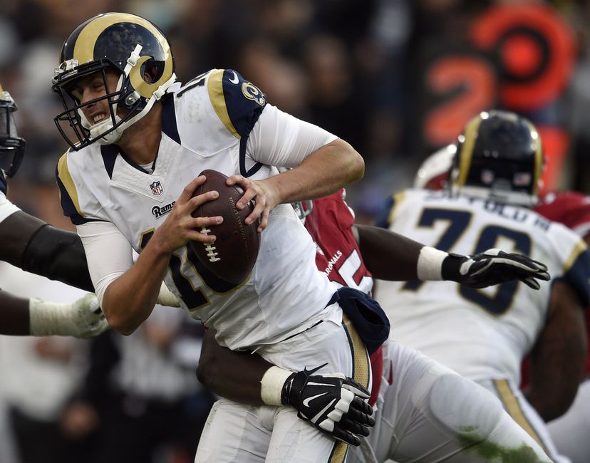 Jan 1, 2017; Los Angeles, CA, USA; Los Angeles Rams quarterback Jared Goff (16) tries to avoid a sack by Arizona Cardinals tight end Darren Fells (85) during the third quarter at Los Angeles Memorial Coliseum. Mandatory Credit: Kelvin Kuo-USA TODAY Sports