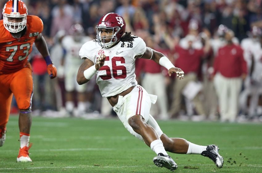 Jan 11, 2016; Glendale, AZ, USA; Alabama Crimson Tide linebacker Tim Williams (56) in action against the Clemson Tigers in the 2016 CFP National Championship at University of Phoenix Stadium. Mandatory Credit: Matthew Emmons-USA TODAY Sports