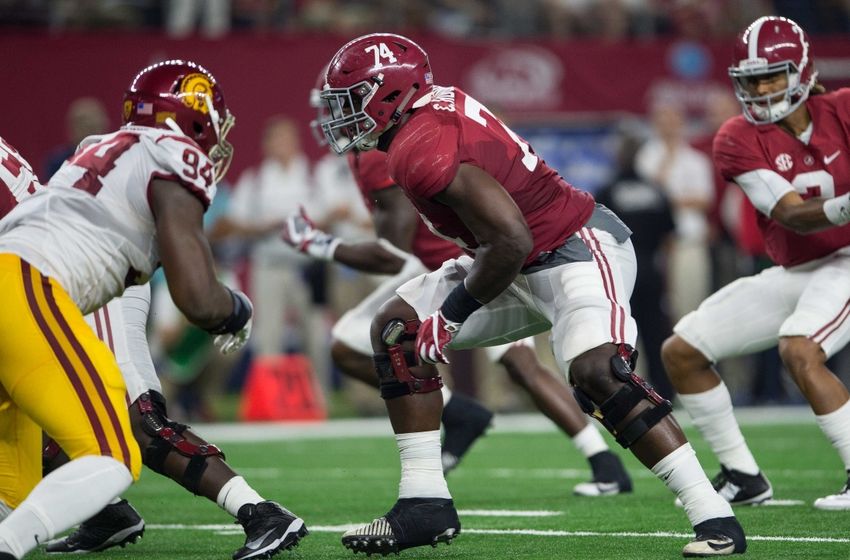 Sep 3, 2016; Arlington, TX, USA; Alabama Crimson Tide offensive lineman Cam Robinson (74) in action during the game against the USC Trojans at AT&T Stadium. Alabama defeats USC 52-6. Mandatory Credit: Jerome Miron-USA TODAY Sports