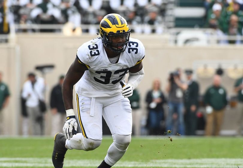 Oct 29, 2016; East Lansing, MI, USA; Michigan Wolverines defensive end Taco Charlton (33) rushes the passer against the Michigan State Spartans during the second half at Spartan Stadium. Mandatory Credit: Brad Mills-USA TODAY Sports