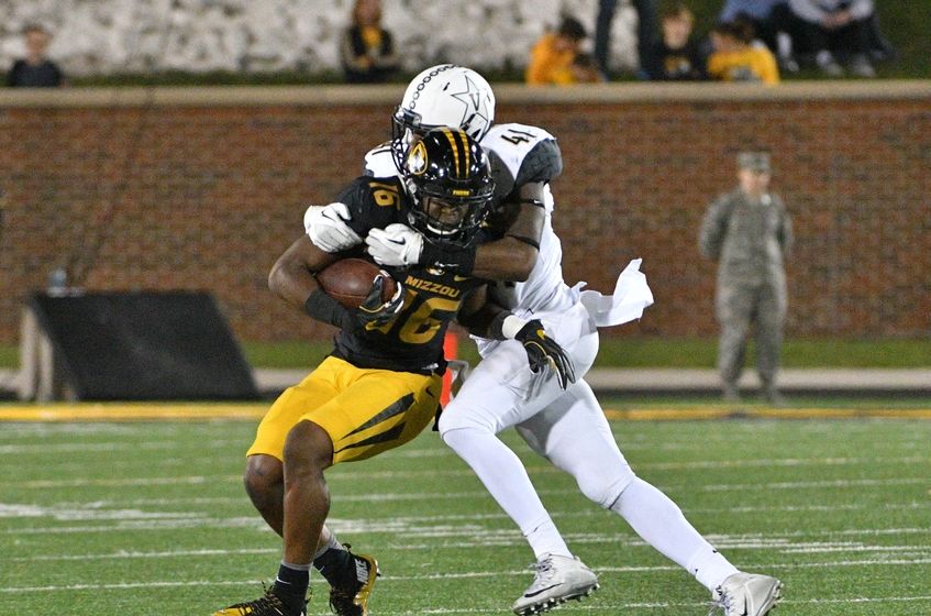 Nov 12, 2016; Columbia, MO, USA; Missouri Tigers running back Damarea Crockett (16) runs the ball and is tackled by Vanderbilt Commodores linebacker Zach Cunningham (41) during the second half at Faurot Field. Missouri won 26-17. Mandatory Credit: Denny Medley-USA TODAY Sports