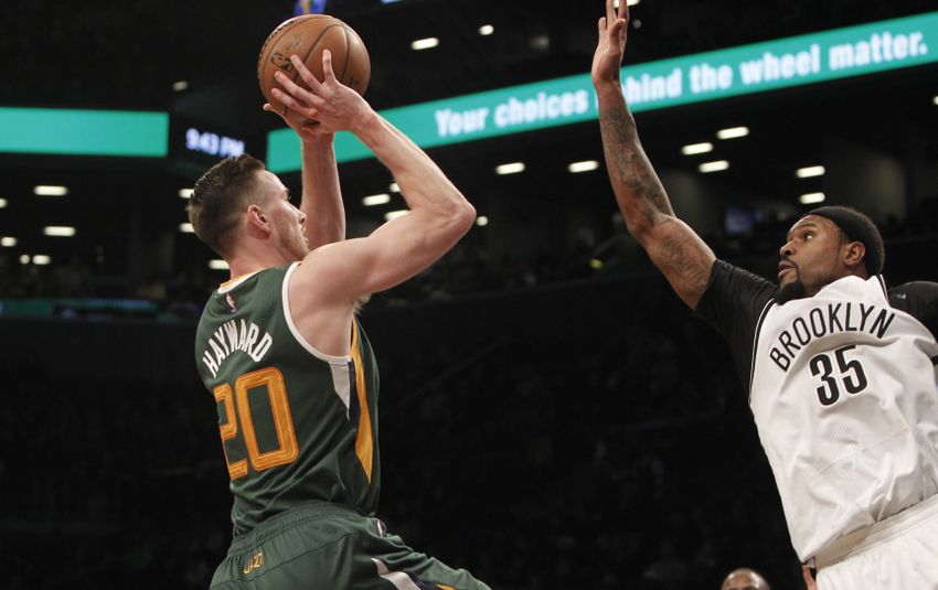 Jan 2, 2017; Brooklyn, NY, USA; Utah Jazz forward Gordon Hayward (20) shoots against Brooklyn Nets forward Trevor Booker (35) in the fourth quarter at Barclays Center. Jazz win 101-89. Mandatory Credit: Nicole Sweet-USA TODAY Sports
