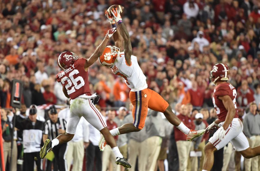 Jan 9, 2017; Tampa, FL, USA; Clemson Tigers wide receiver Mike Williams (7) makes a catch while defended by Alabama Crimson Tide defensive back Marlon Humphrey (26) during the fourth quarter in the 2017 College Football Playoff National Championship Game at Raymond James Stadium. Mandatory Credit: Steve Mitchell-USA TODAY Sports