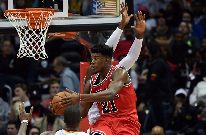 Nov 9, 2016; Atlanta, GA, USA; Chicago Bulls guard Jimmy Butler (21) controls the ball under the basket against the Atlanta Hawks during the second half at Philips Arena. The Hawks defeated the Bulls 115-107. Mandatory Credit: Dale Zanine-USA TODAY Sports