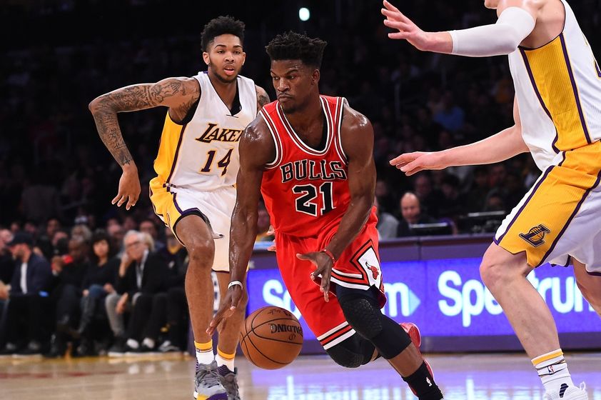 Nov 20, 2016; Los Angeles, CA, USA; Chicago Bulls forward Jimmy Butler (21) dribbles the ball past past Los Angeles Lakers forward Brandon Ingram (14) in the first quarter of the game at Staples Center. Mandatory Credit: Jayne Kamin-Oncea-USA TODAY Sports