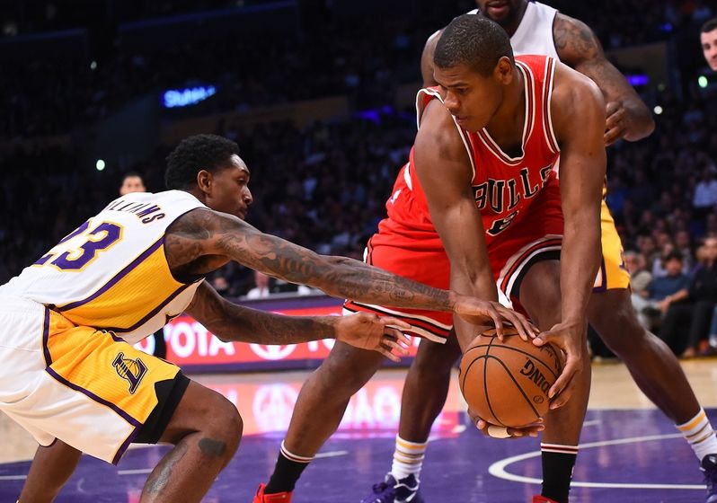Nov 20, 2016; Los Angeles, CA, USA; Los Angeles Lakers guard Louis Williams (23) steals the ball from Chicago Bulls forward Cristiano Felicio (6) in the first half of the game at Staples Center. Mandatory Credit: Jayne Kamin-Oncea-USA TODAY Sports