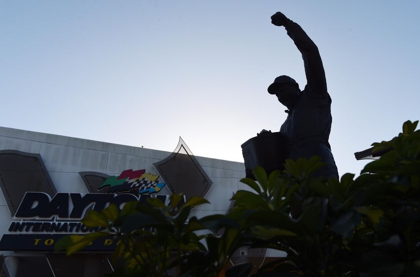 Feb 22, 2015; Daytona Beach, FL, USA; A view of the statue of Dale Earnhardt Sr. before the Daytona 500 at Daytona International Speedway. Mandatory Credit: Mike DiNovo-USA TODAY Sports