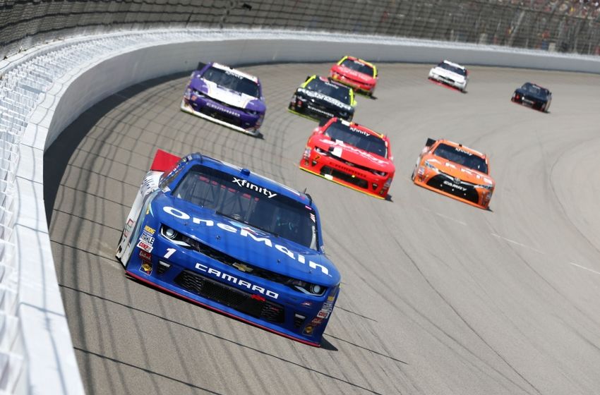 Jun 11, 2016; Brooklyn, MI, USA; Xfinity Series driver Elliott Sadler (1) during the Menards 250 Presented By Valvoline at Michigan International Speedway. Mandatory Credit: Aaron Doster-USA TODAY Sports