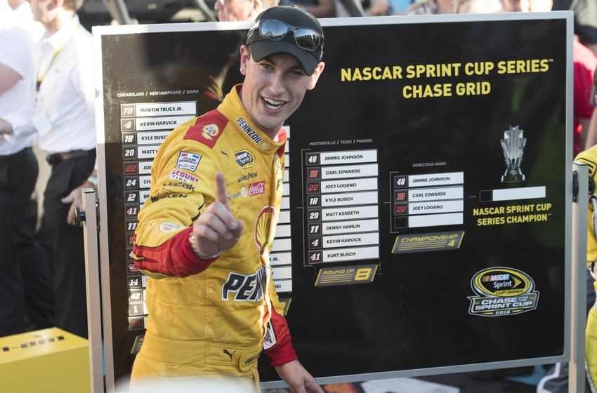 Nov 13, 2016; Avondale, AZ, USA; Sprint Cup Series driver Joey Logano (22) places his name on the chase grid after winning the Can-Am 500 at Phoenix International Raceway. Mandatory Credit: Jerome Miron-USA TODAY Sports