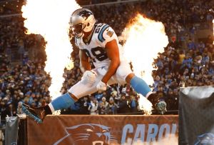 Jan 24, 2016; Charlotte, NC, USA; Carolina Panthers running back Jonathan Stewart (28) jumps during run-outs prior to the game between the Carolina Panthers and the Arizona Cardinals in the NFC Championship football game at Bank of America Stadium. Mandatory Credit: Jason Getz-USA TODAY Sports