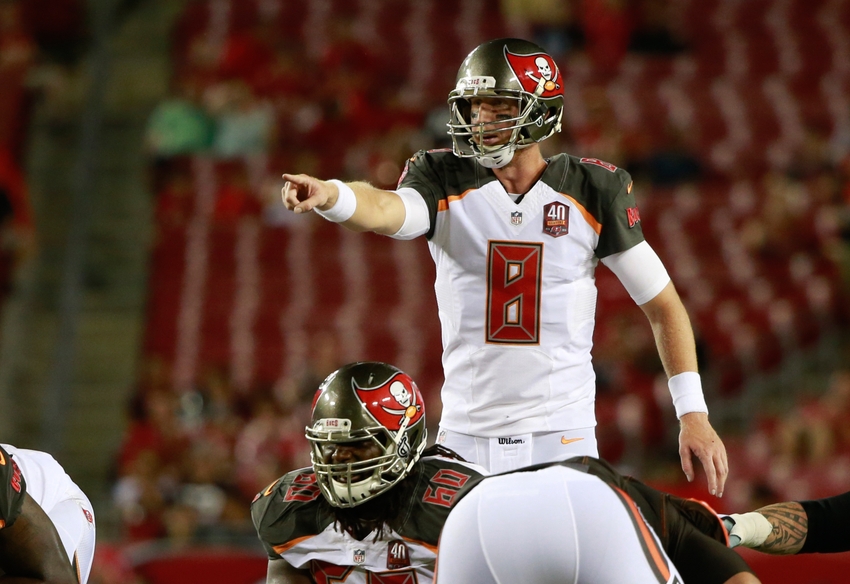 Aug 29, 2015; Tampa, FL, USA; Tampa Bay Buccaneers quarterback Mike Glennon (8) calls a play against the Cleveland Browns during the second half at Raymond James Stadium. Cleveland Browns defeated the Tampa Bay Buccaneers 31-7. Mandatory Credit: Kim Klement-USA TODAY Sports