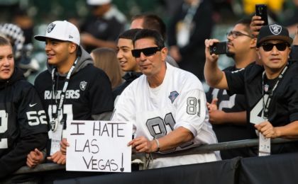 Sep 1, 2016; Oakland, CA, USA; A against the Oakland Raiders fans with a sign reading "I hate Las Vegas" before the game Seattle Seahawks at Oakland Coliseum. Mandatory Credit: Kelley L Cox-USA TODAY Sports