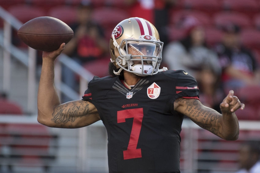 October 6, 2016; Santa Clara, CA, USA; San Francisco 49ers quarterback Colin Kaepernick (7) passes the football before the game against the Arizona Cardinals at Levi