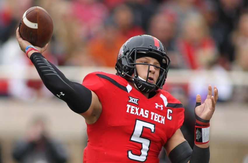 Nov 5, 2016; Lubbock, TX, USA; Texas Tech Red Raiders quarterback Patrick Mahomes (5) drops back to pass against the University of Texas Longhorns in the first half at Jones AT&T Stadium. Mandatory Credit: Michael C. Johnson-USA TODAY Sports