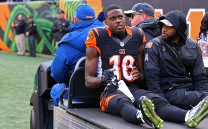 Nov 20, 2016; Cincinnati, OH, USA; Cincinnati Bengals wide receiver A.J. Green (18) is carted off the field after being injured in the first half against the Buffalo Bills at Paul Brown Stadium. Mandatory Credit: Aaron Doster-USA TODAY Sports