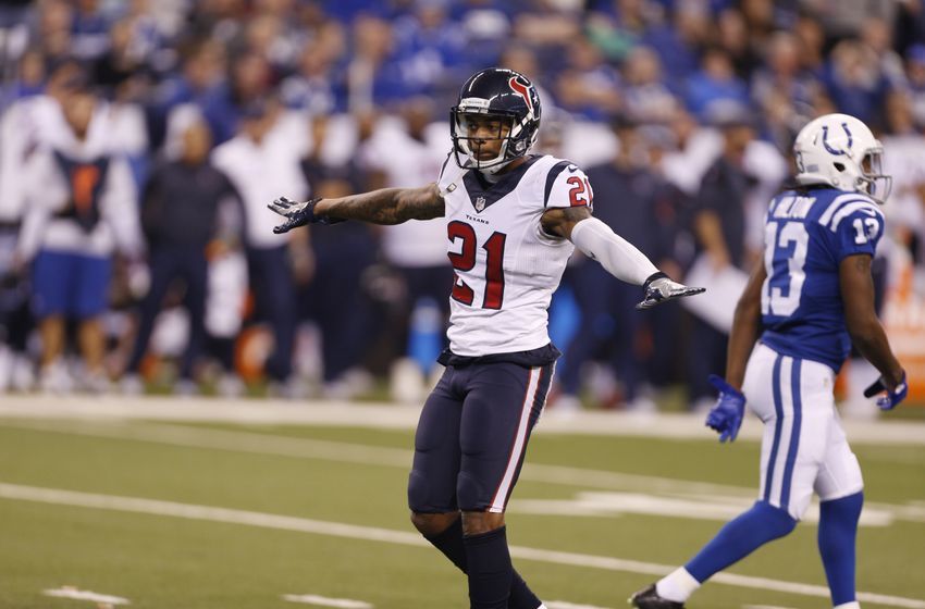 Dec 11, 2016; Indianapolis, IN, USA; Houston Texans cornerback A.J. Bouye (21) reacts to breaking up a pass against the Indianapolis Colts at Lucas Oil Stadium. Mandatory Credit: Brian Spurlock-USA TODAY Sports