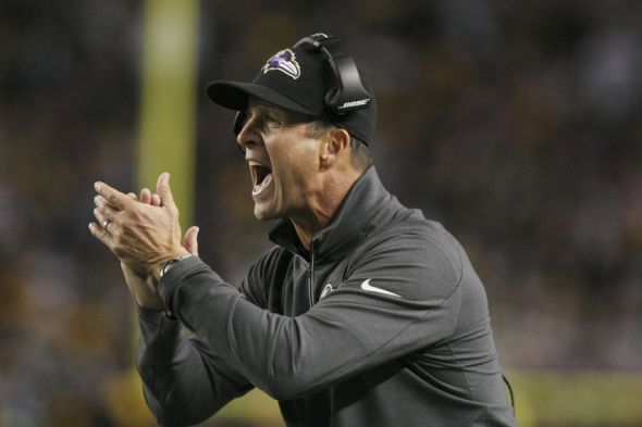 Oct 1, 2015; Pittsburgh, PA, USA; Baltimore Ravens head coach John Harbaugh yells to his team during the second half against the Pittsburgh Steelers at Heinz Field. The Ravens won the game, 23-20 in overtime. Mandatory Credit: Jason Bridge-USA TODAY Sports