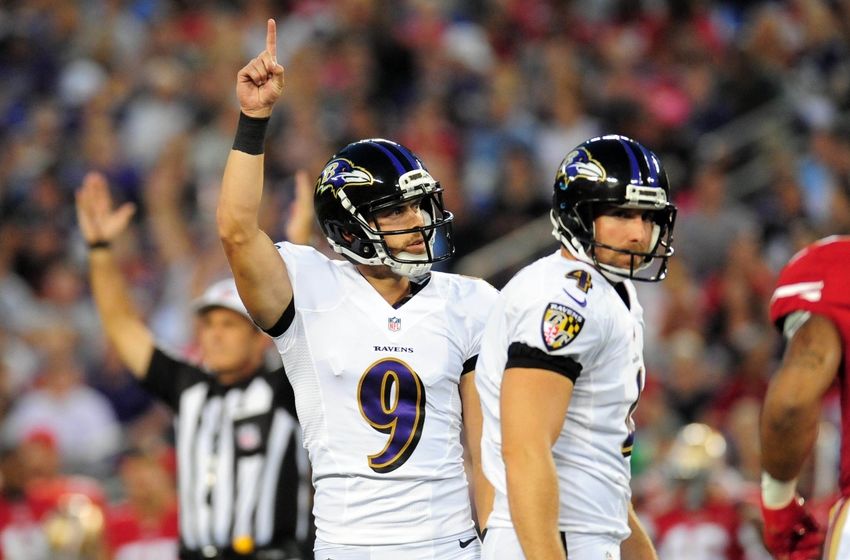 Aug 7, 2014; Baltimore, MD, USA; Baltimore Ravens kicker Justin Tucker (9) reacts after making a 42 yard field goal in the first quarter against the San Francisco 49ers at M&T Bank Stadium. Mandatory Credit: Evan Habeeb-USA TODAY Sports