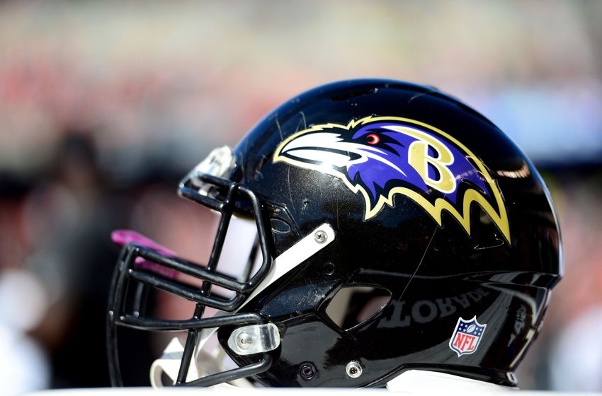 Oct 26, 2014; Cincinnati, OH, USA; Baltimore Ravens helmet on the sidelines against the Cincinnati Bengals at Paul Brown Stadium. Bengals defeated the Ravens 27-24. Mandatory Credit: Andrew Weber-USA TODAY Sports