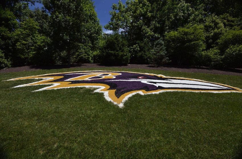 Jun 14, 2016; Baltimore, MD, USA; A general view of the Baltimore Ravens logo painted on the hill outside the Under Armour Performance Center prior to the start of mini camp. Mandatory Credit: Tommy Gilligan-USA TODAY Sports