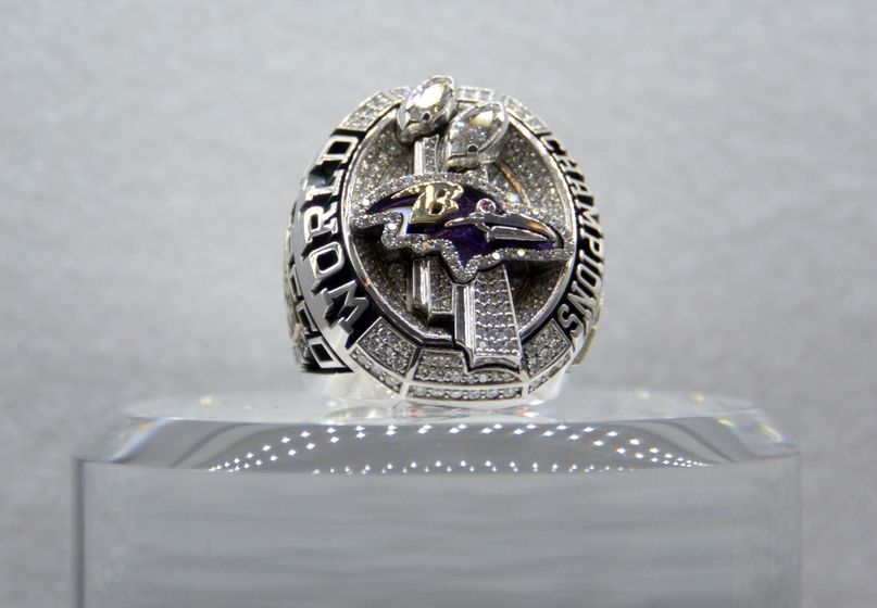 Jan 29, 2015; Phoenix, AZ, USA; General view of Super Bowl XLVII championship ring to commemorate the Baltimore Ravens 34-31 victory over the San Francisco 49ers on February 3, 2013 on display at the NFL Experience at the Phoenix Convention Center. Mandatory Credit: Kirby Lee-USA TODAY Sport