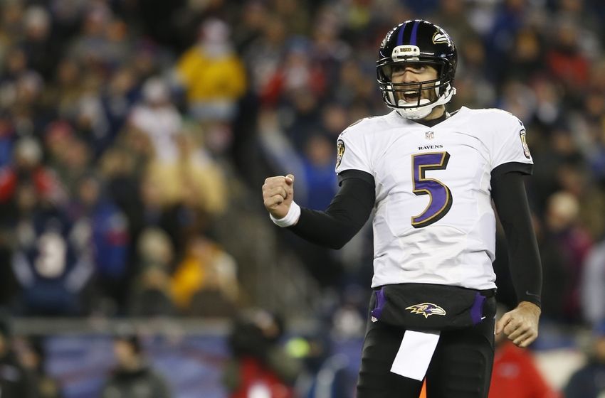 Jan 10, 2015; Foxborough, MA, USA; Baltimore Ravens quarterback Joe Flacco (5) celebrates after the Ravens