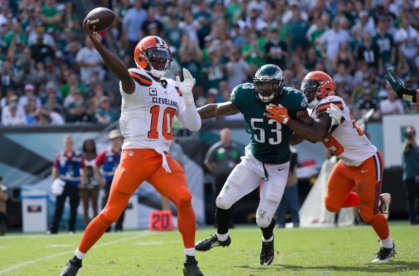 Sep 11, 2016; Philadelphia, PA, USA; Cleveland Browns quarterback Robert Griffin III (10) passes in front of the rush attempt of Philadelphia Eagles linebacker Nigel Bradham (53) during the second half at Lincoln Financial Field. The Philadelphia Eagles won 29-10. Mandatory Credit: Bill Streicher-USA TODAY Sports