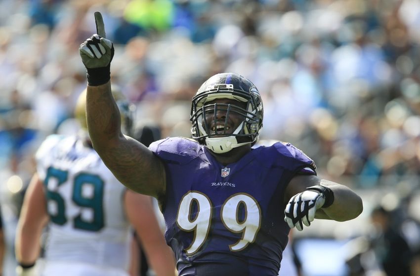 Sep 25, 2016; Jacksonville, FL, USA; Baltimore Ravens defensive end Timmy Jernigan (99) celebrates making a stop during the second half of a football game against the Jacksonville Jaguars at EverBank FieldThe Baltimore Ravens won 19-17. Mandatory Credit: Reinhold Matay-USA TODAY Sports