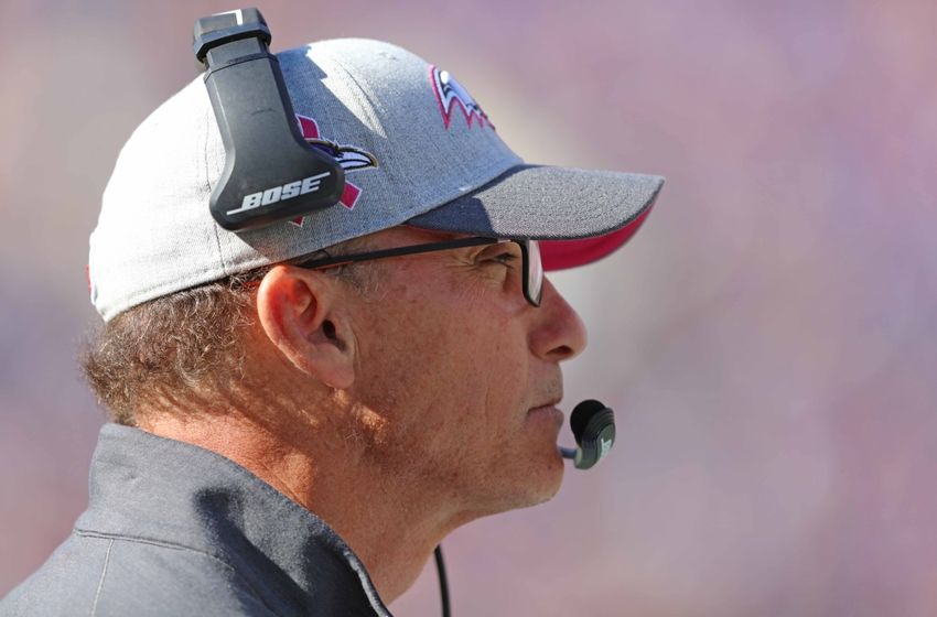 Oct 11, 2015; Baltimore, MD, USA; Baltimore Ravens offensive coordinator Marc Trestman during the game against the Cleveland Browns at M&T Bank Stadium. Mandatory Credit: Mitch Stringer-USA TODAY Sports