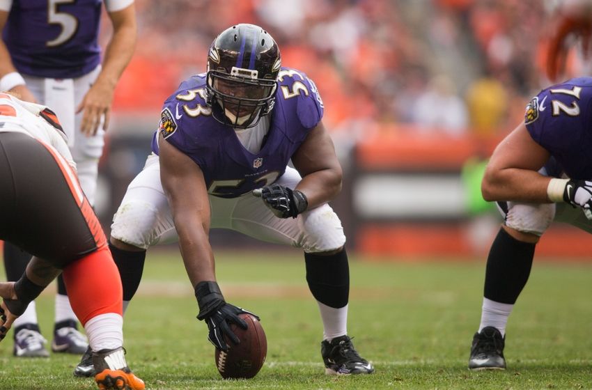 Sep 18, 2016; Cleveland, OH, USA; Baltimore Ravens center Jeremy Zuttah (53) against the Cleveland Browns during the second half at FirstEnergy Stadium. The Ravens defeated the Browns 25-20. Mandatory Credit: Scott R. Galvin-USA TODAY Sports