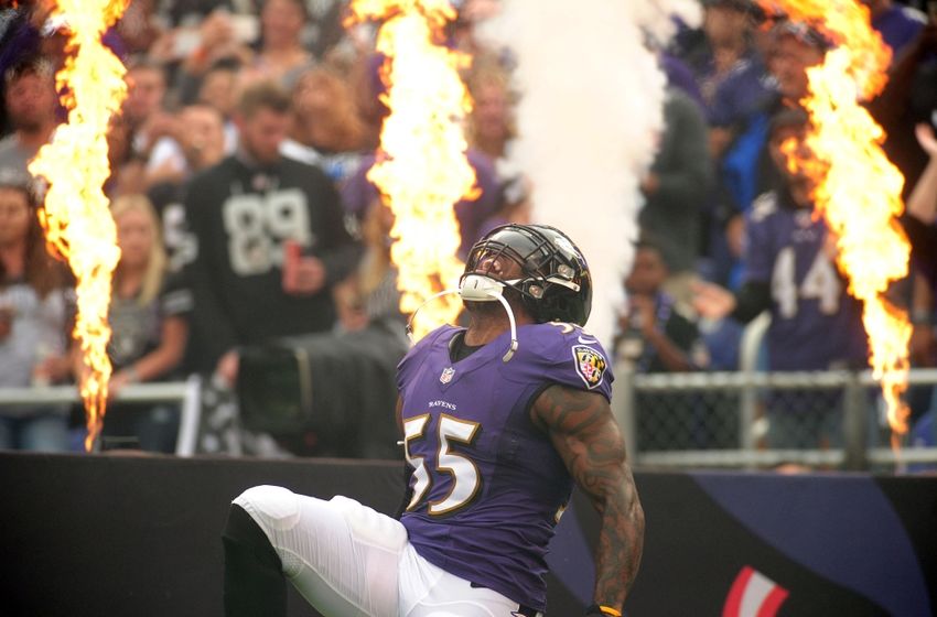 Oct 2, 2016; Baltimore, MD, USA; Baltimore Ravens linebacker Terrell Suggs (55) gets introduced prior to the game against the Oakland Raiders at M&T Bank Stadium. Mandatory Credit: Evan Habeeb-USA TODAY Sports