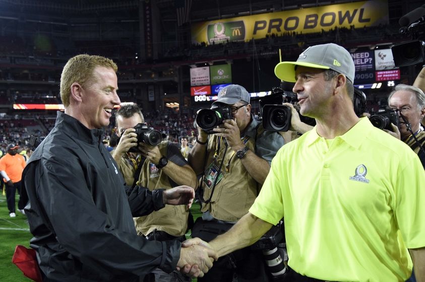 Jan 25, 2015; Phoenix, AZ, USA; Team Irvin head coach Jason Garrett of the Dallas Cowboys and Team Carter head coach John Harbaugh of the Baltimore Ravens shake hands after the 2015 Pro Bowl at University of Phoenix Stadium. Mandatory Credit: Kyle Terada-USA TODAY Sports