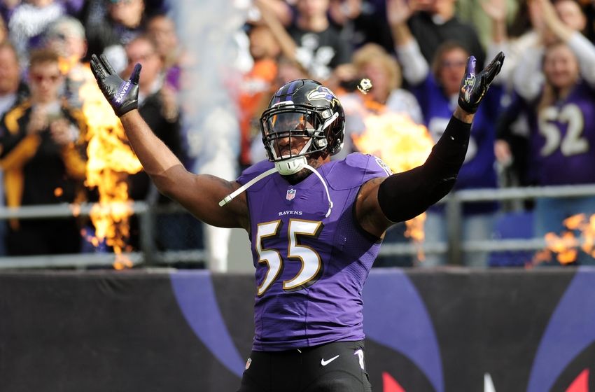 Nov 6, 2016; Baltimore, MD, USA; Baltimore Ravens linebacker Terrell Suggs (55) gets introduced prior to the game against the Pittsburgh Steelers at M&T Bank Stadium. Mandatory Credit: Evan Habeeb-USA TODAY Sports