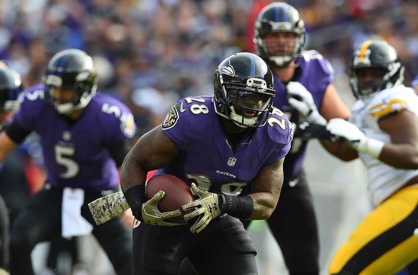 Nov 6, 2016; Baltimore, MD, USA; Baltimore Ravens running back Terrance West (28) runs during the first quarter against the Pittsburgh Steelers at M&T Bank Stadium. Mandatory Credit: Tommy Gilligan-USA TODAY Sports
