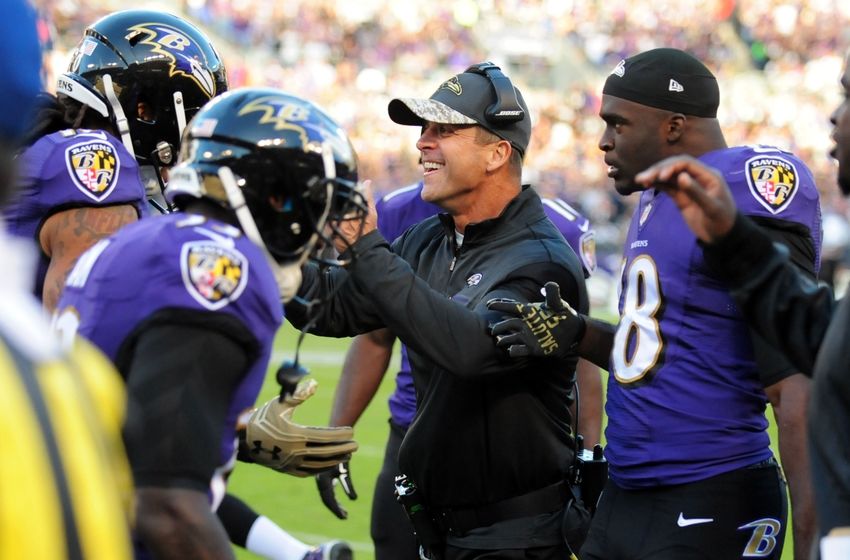Nov 6, 2016; Baltimore, MD, USA; Baltimore Ravens head coach John Harbaugh (center) congratulates wide receiver Chris Moore (10) after recovering a blocked punt for a touchdown in the fourth quarter against the Pittsburgh Steelers at M&T Bank Stadium. Mandatory Credit: Evan Habeeb-USA TODAY Sports