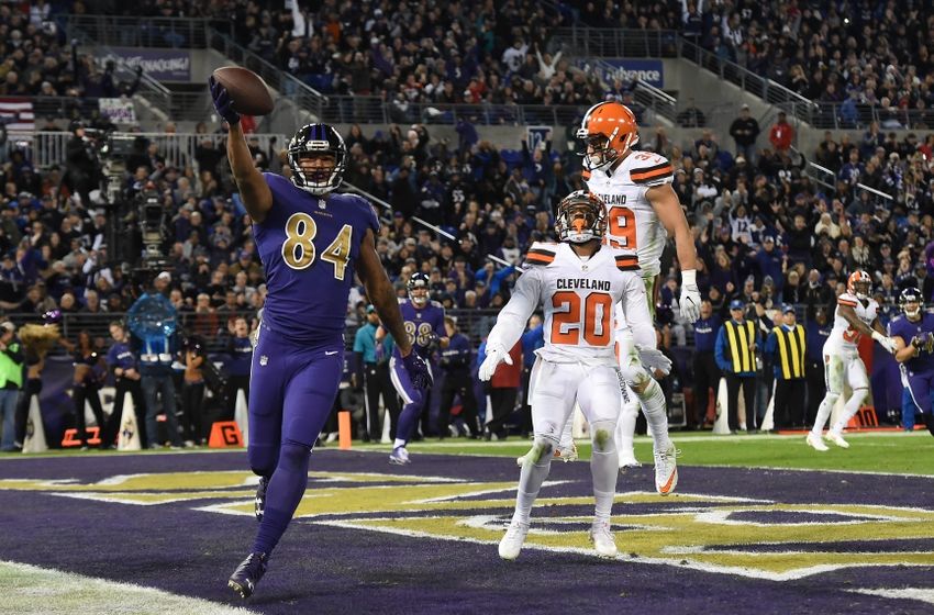 Nov 10, 2016; Baltimore, MD, USA; Baltimore Ravens wide receiver Chris Matthews (84) celebrates after scoring a touchdown in front of Cleveland Browns cornerback Briean Boddy-Calhoun (20) during the third quarter at M&T Bank Stadium. Mandatory Credit: Tommy Gilligan-USA TODAY Sports