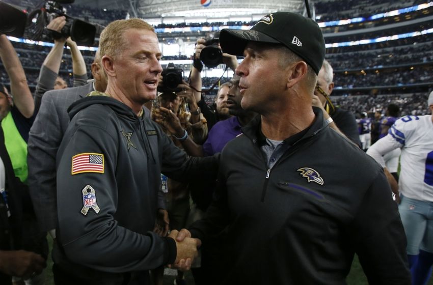 Nov 20, 2016; Arlington, TX, USA; Dallas Cowboys head coach Jason Garrett shakes hands with Baltimore Ravens head coach John Harbaugh after the game at AT&T Stadium. Dallas won 27-17. Mandatory Credit: Tim Heitman-USA TODAY Sports