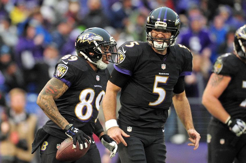 Dec 18, 2016; Baltimore, MD, USA; Baltimore Ravens wide receiver Steve Smith, Sr. (89) is congratulated by quarterback Joe Flacco (5) after scoring a touchdown in the second quarter against the Philadelphia Eagles at M&T Bank Stadium. Mandatory Credit: Evan Habeeb-USA TODAY Sports